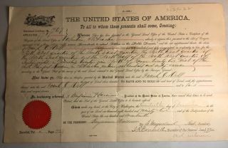 1892 President Benjamin Harrison Secretary Signed Nebraska Land Grant