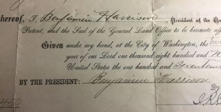 1892 President BENJAMIN HARRISON Secretary Signed Nebraska Land Grant 3