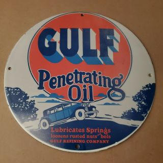 Vintage Porcelain Gulf Penetrating Oil Gasoline Automotive Man Cave Garage Sign
