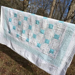 Vintage Hand Quilted Blue And White Patchwork Cotton Queen Quilt 84” X 94”