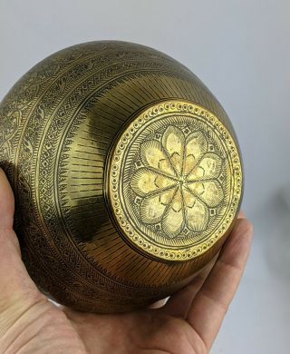 Indian Antique Engraved Brass Lota Holy Water pot 19th century or Earlier Lotus 3