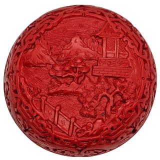 Vintage Chinese Hand Carved Red & Black Resin Box Artwork Old Asian Home Scene