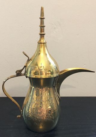 Vintage Brass Middle Eastern Dallah Coffee Pot Arabic - Etched Pattern On Sides
