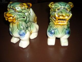 Vintage Pair 5.  5 - Inch Chinese Ceramic Porcelain Foo Dog Figurines Green Glaze