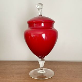 Vintage 60s Empoli Mid Century Cherry Red Clear Cased Glass Apothecary Jar Italy