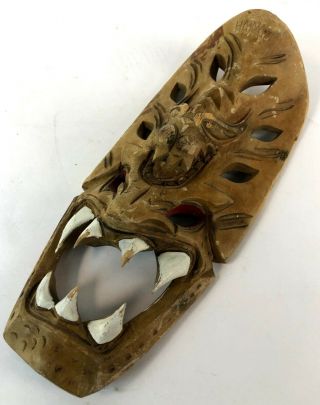 Vintage 1986 Carved 13 " Philippines Hawaii Carved Wood Jaguar Big Cat Demon Mask