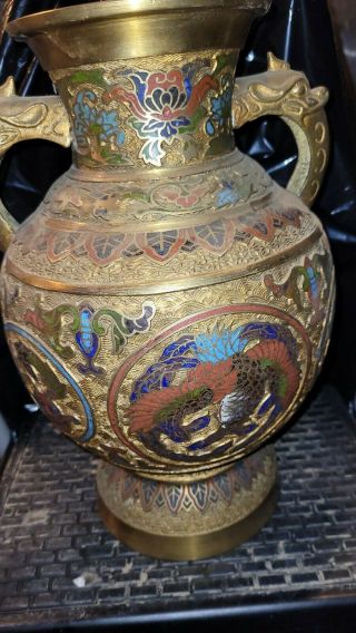 Large Antique Japanese Bronze & Champleve Enameled Vase,  Phoenix