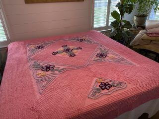 Vintage Happy Fluffy Pink Chenille Queen Bedspread Floral