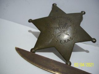 Vtg / Antique Us Marshall Brass 6 Point Star Badge / Pin Pecos,  Texas