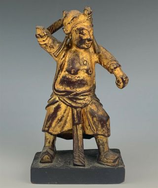 Vintage Chinese Export Hand Carved Gold Gilt Wood Warrior Figure Sculpture Lbr