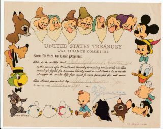 1944 Vintage Walt Disney U.  S.  Treasury War Finance Committee Bond Certificate