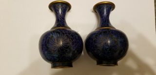 2 Vintage Chinese Blue Cloisonne Vase Asian Floral 5 "