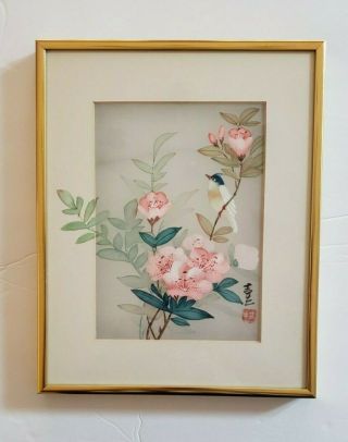 Vintage Chinese Silk Embroidery Picture Bird On Cherry Blossom,  Signed