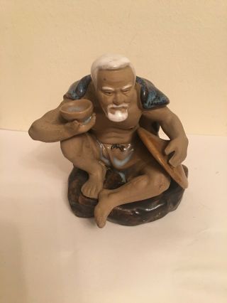 Vintage Chinese Mud Man Ceramic Clay Ornament Fisherman Oriental Figure