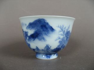 Fine 20th C.  Chinese Blue And White Painted Tea Bowl,  Landscape And Figures.