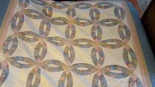 Vintage Double Wedding Ring Quilt 82 " X 84 " Pink Blue Floral Hand Done 6099