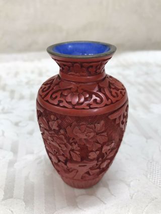 Vintage Chinese Export Carved Cinnabar Enamel Vase Great Valentine 