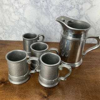 Vintage Wilton Country Ware Pewter Water Pitcher W/ Ice Lip & 4 Pewter Mugs