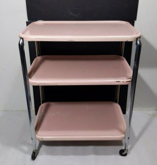Vintage Mid Century Toledo Maid 3 Tier Pink Metal Rolling Utility Kitchen Cart