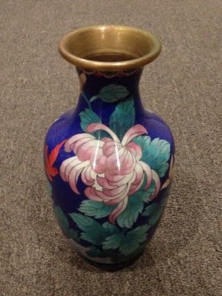Vintage Asian Cloisonne Vase - Cobalt Blue With Flowers & Red Bird - 9 "