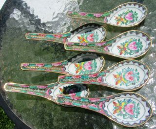 9 Nine Antique Famille Rose Hand Painted Chinese Porcelain Soup Spoons