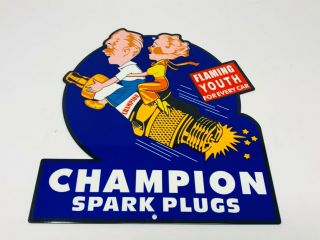 Vintage Champion Spark Plug Advertising Metal Sign 12 " X 11 " Gasoline & Oil Sign