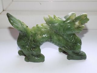 Chinese Hand Carved Green Spinach Jade / Hard Stone Dragon Figure 15 Cm Long