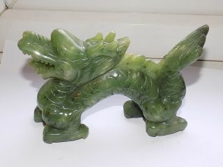 CHINESE HAND CARVED GREEN SPINACH JADE / HARD STONE DRAGON FIGURE 15 cm long 2