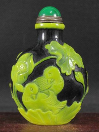 Chinese Flower Birds Carved Peking Overlay Glass Snuff Bottle