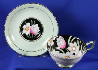 Vintage Paragon Green Cup & Saucer A657/8 Daffodils Tulips On Black England
