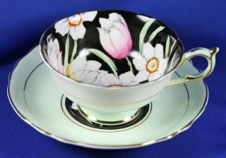 VINTAGE PARAGON GREEN CUP & SAUCER A657/8 DAFFODILS TULIPS on BLACK ENGLAND 3