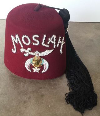 Jeweled Fez Hat W/jeweled Tassel Pin,  Shriners Moslah Temple Ft.  Worth Size 7 1/4