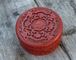 Vintage Chinese Carved Cinnabar Floral W/ Brass Blue Enamel Lidded Box