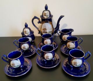 Vintage Limoges China Porcelain Cobalt Blue,  Gold Tea / Coffee Set 6 Tall Ship