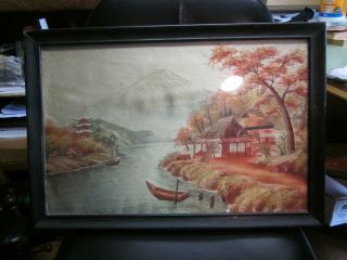 Embroidered Silk Glass Frame Picture Oriental Asian Tapestry Wall Lake Mt.  Fuji