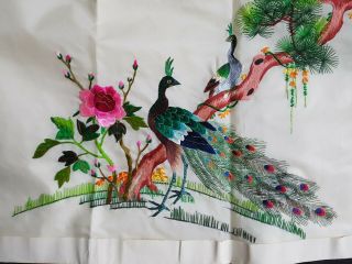CHINESE SILK EMBROIDERY PANEL PHEASANTS TREE FLOWERS UNFRAMED 2