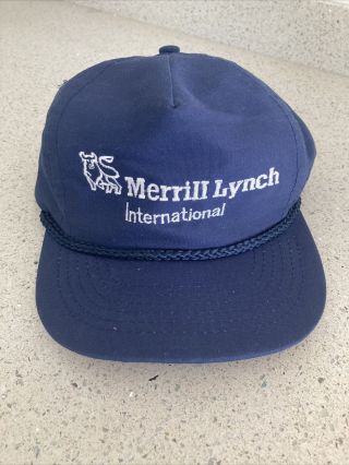 Merrill Lynch Intl Logo Bull Golf Baseball Hat Vintage Snap Back Navy Blue