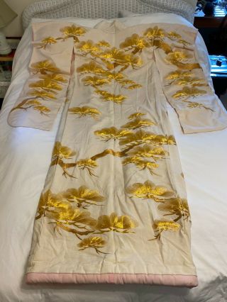 Japanese Kimono Ceremonial Vintage Authentic White Gold Silk Kimono Embroidered