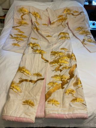 Japanese Kimono CEREMONIAL Vintage Authentic White Gold Silk Kimono Embroidered 2