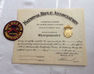 Nra Sharpshooter Award Certificate,  50 Ft.  Patch & 50 Ft.  Medal