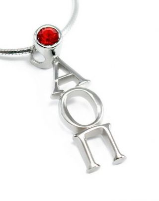 Alpha Omicron Pi Sorority Sterling Silver Lavaliere With Red Cz Crystal