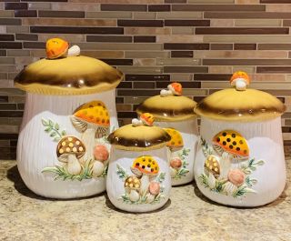 Vintage Ceramic Merry Mushroom Canisters Set Sears,  Roebuck And Co.  1978