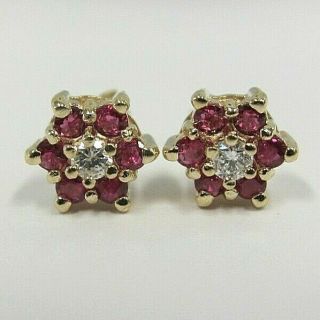 Vintage Diamond & Ruby Flower Earrings 14k Gold,  1.  7 Grams,