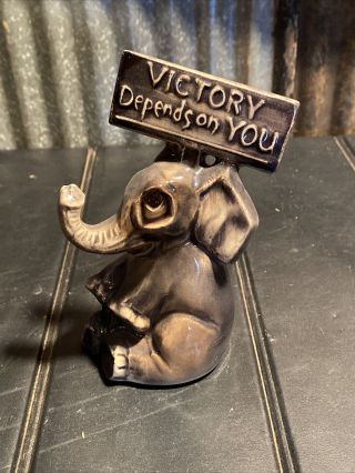 Mccoy Pottery Gop Elephant " Victory Depends On You " Sign Gray 6 1/2 " Tall