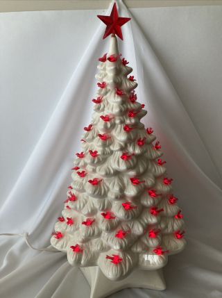 Vintage Ceramic White Christmas Tree With Base And Light 22” Tall Red Birds