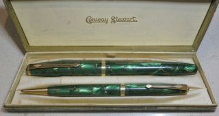 Vintage Conway Stewart 85l Fountain Pen And Pencil 41 Green
