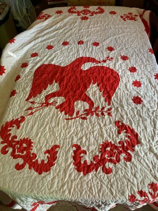 Vintage Red And White Eagle Stars Flowers Quilt Bedspread