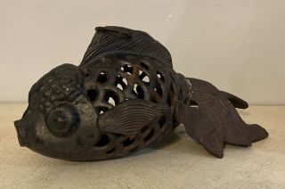 HUGE 15” JAPANESE CAST IRON LANTERN HANGING RUSTIC VINTAGE KOI FISH 3