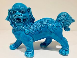 Chinese Foo Dog Turquoise Blue Porcelain Marked On Foot T13