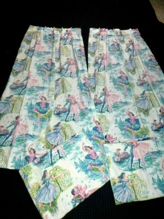 4 Vtg Curtain Panels Cotton Fabric Pink Turquoise Ballerina Pinch Pleat 23x60 